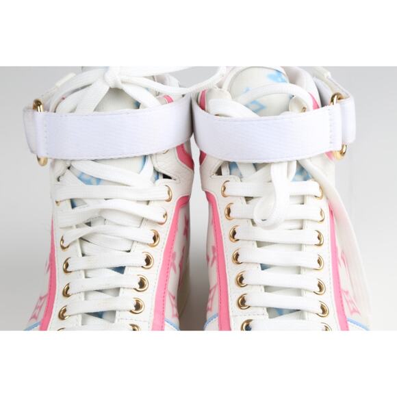 Louis Vuitton Lace Up Boombox High Top Sneakers Blue Pink White Leather LV Sz 37 - Picture 12 of 15